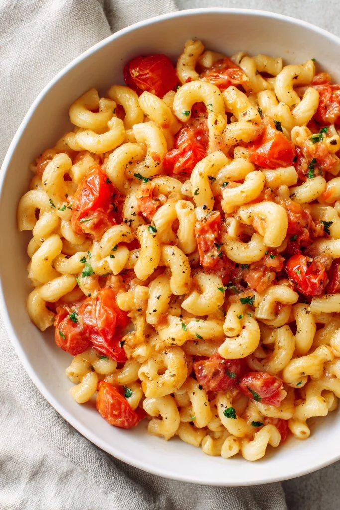 Bowl of Macaroni and Tomatoes served with fresh herbs