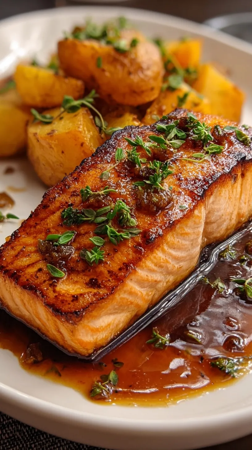 Glazed maple syrup lacquered salmon fillets served with herb-roasted baby potatoes on a sheet pan.