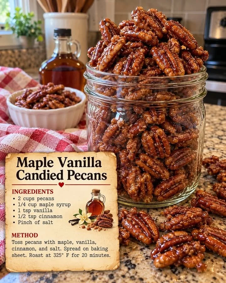 Maple Vanilla Candied Pecans ready to enjoy as a sweet snack or dessert topping.