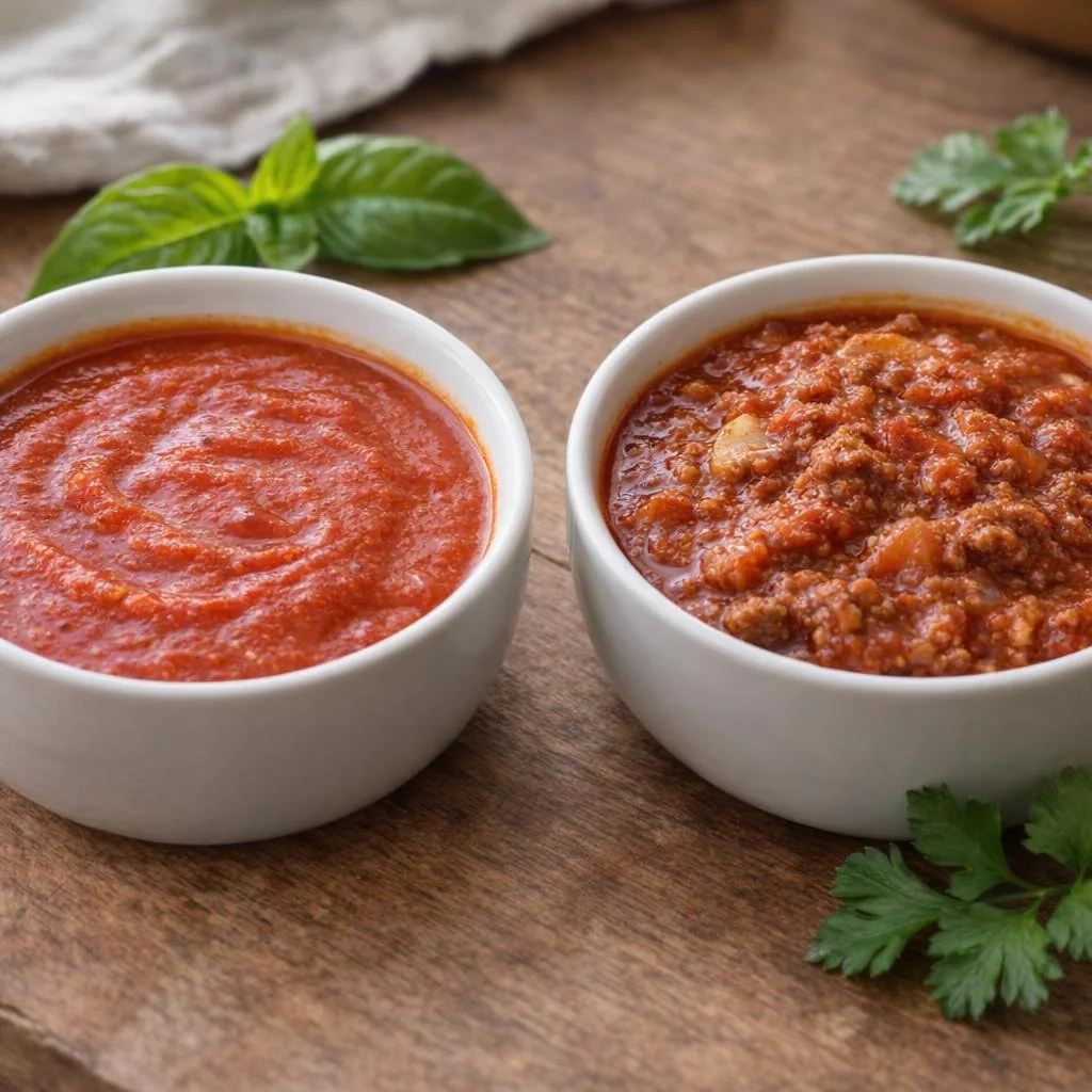 A simple marinara and a hearty spaghetti sauce side by side