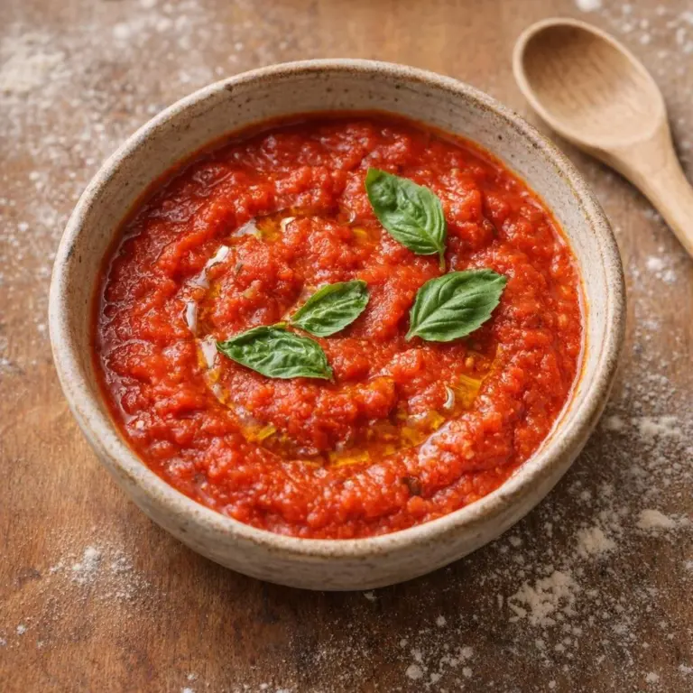 A bowl of simple tomato marinara sauce garnished with basil