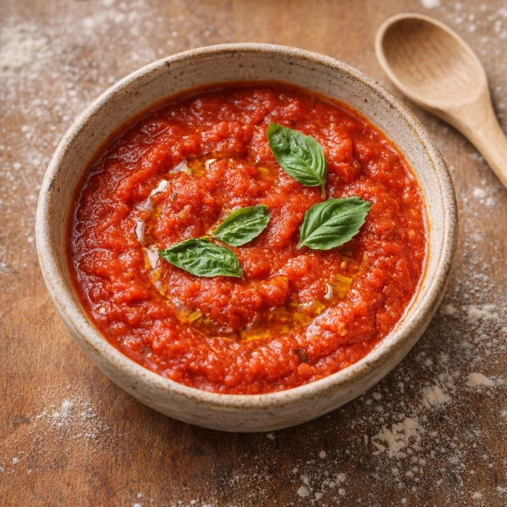 A bowl of simple tomato marinara sauce garnished with basil