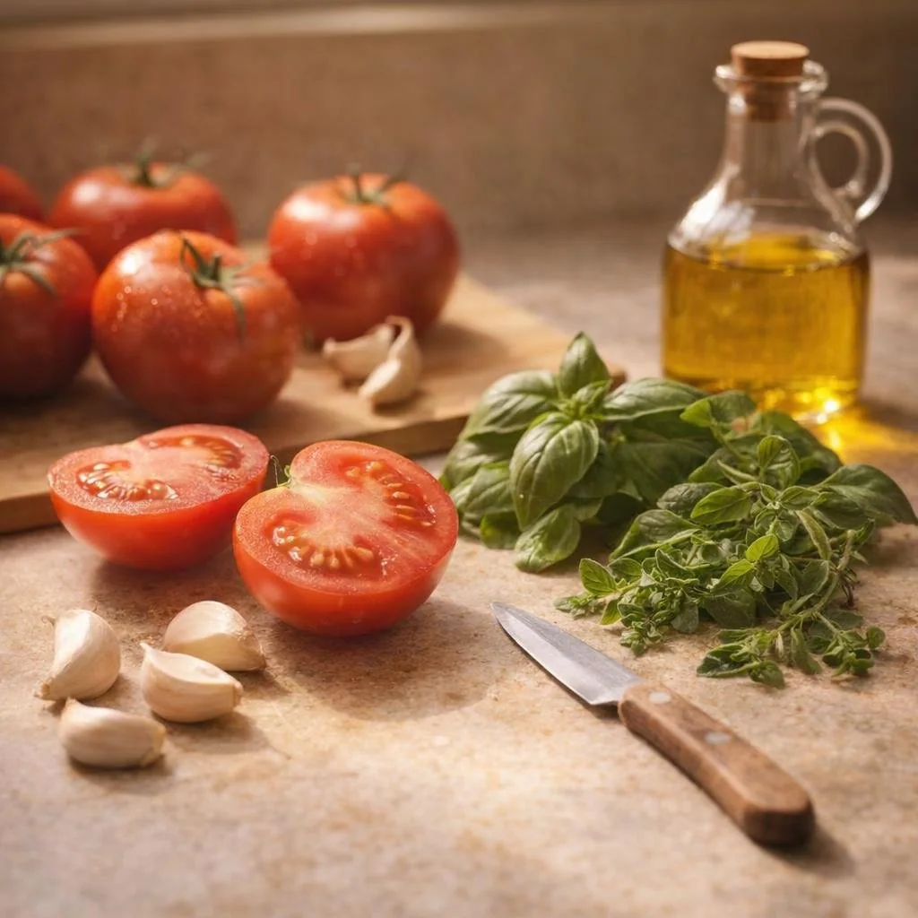 Tomatoes, garlic, herbs, and olive oil for marinara sauce