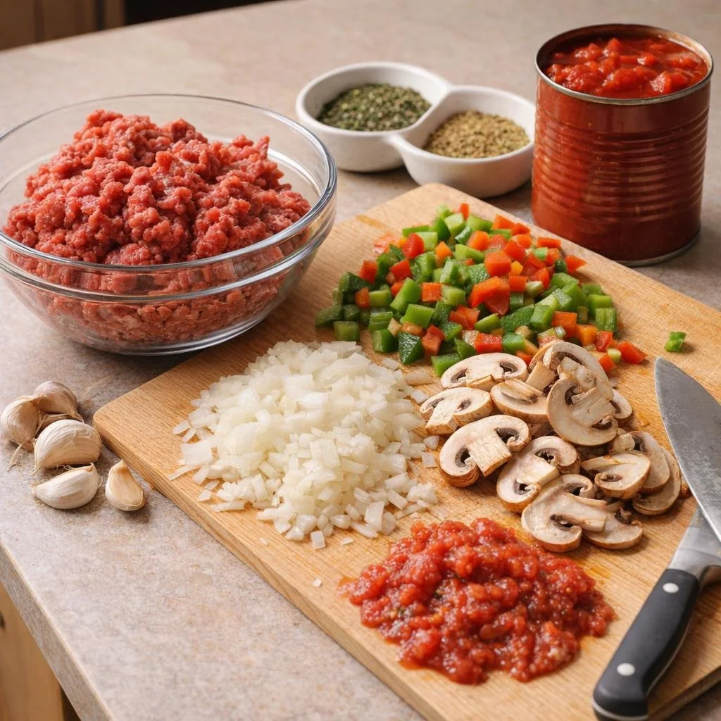 Ingredients for a hearty spaghetti sauce arranged on a counter