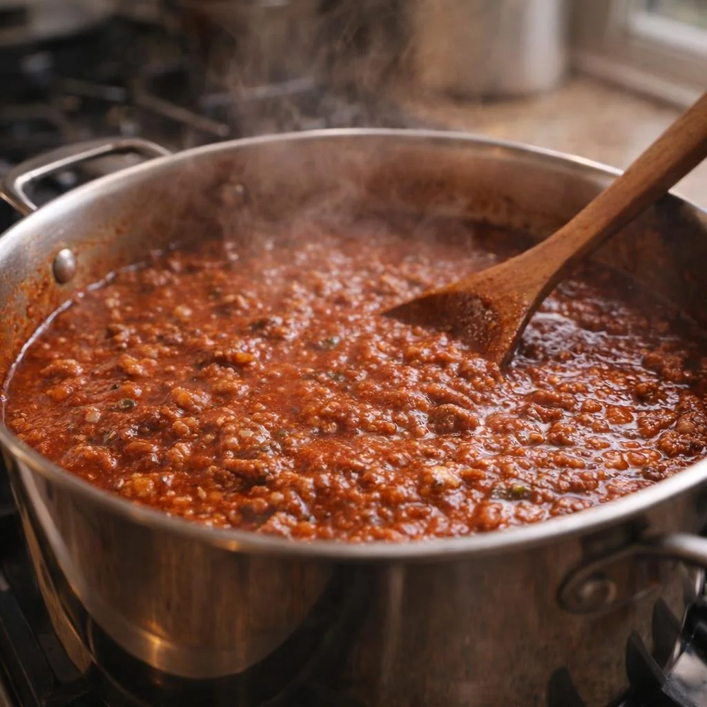 Hearty tomato spaghetti sauce simmering in a pot