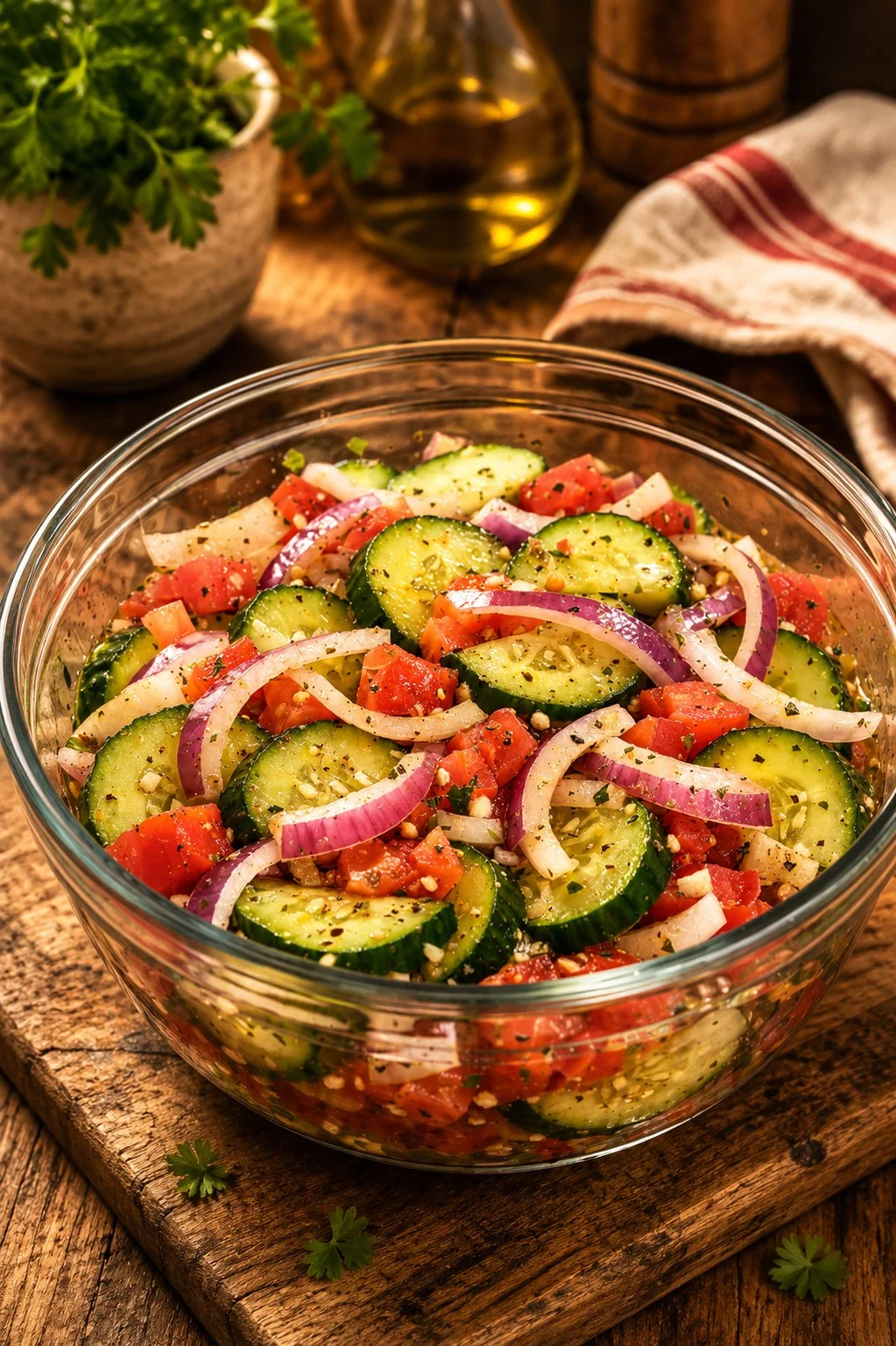 Marinated cucumber salad with onion and tomato served in a bowl