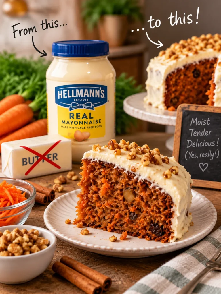 Carrot cake made with mayonnaise instead of butter, topped with cream cheese frosting and walnuts