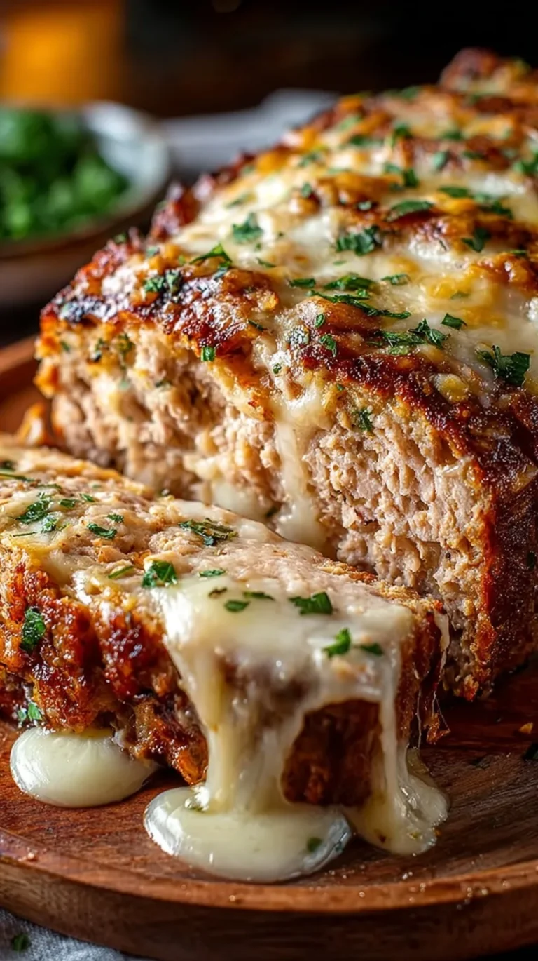 A sliced savory meat loaf stuffed with shredded chicken and melted mozzarella cheese on a wooden board.