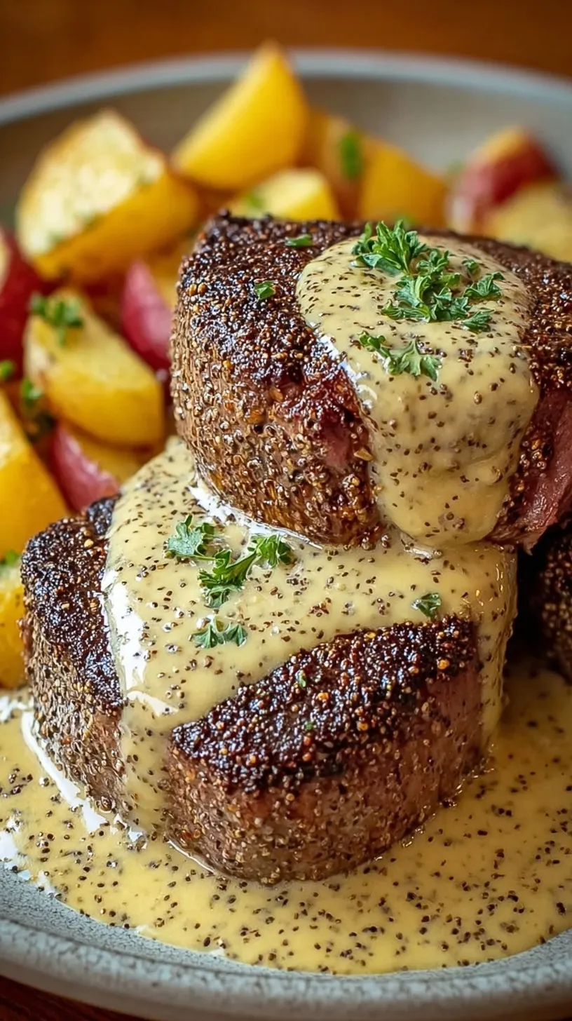 Pan-seared beef medallions topped with a rich creamy mustard sauce and fresh parsley in a skillet.