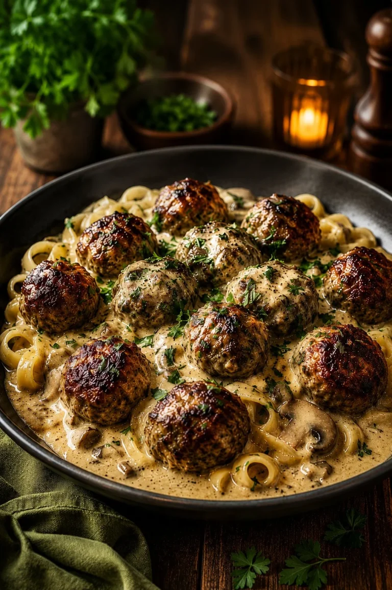 Delicious Meatball Stroganoff served with a side of noodles