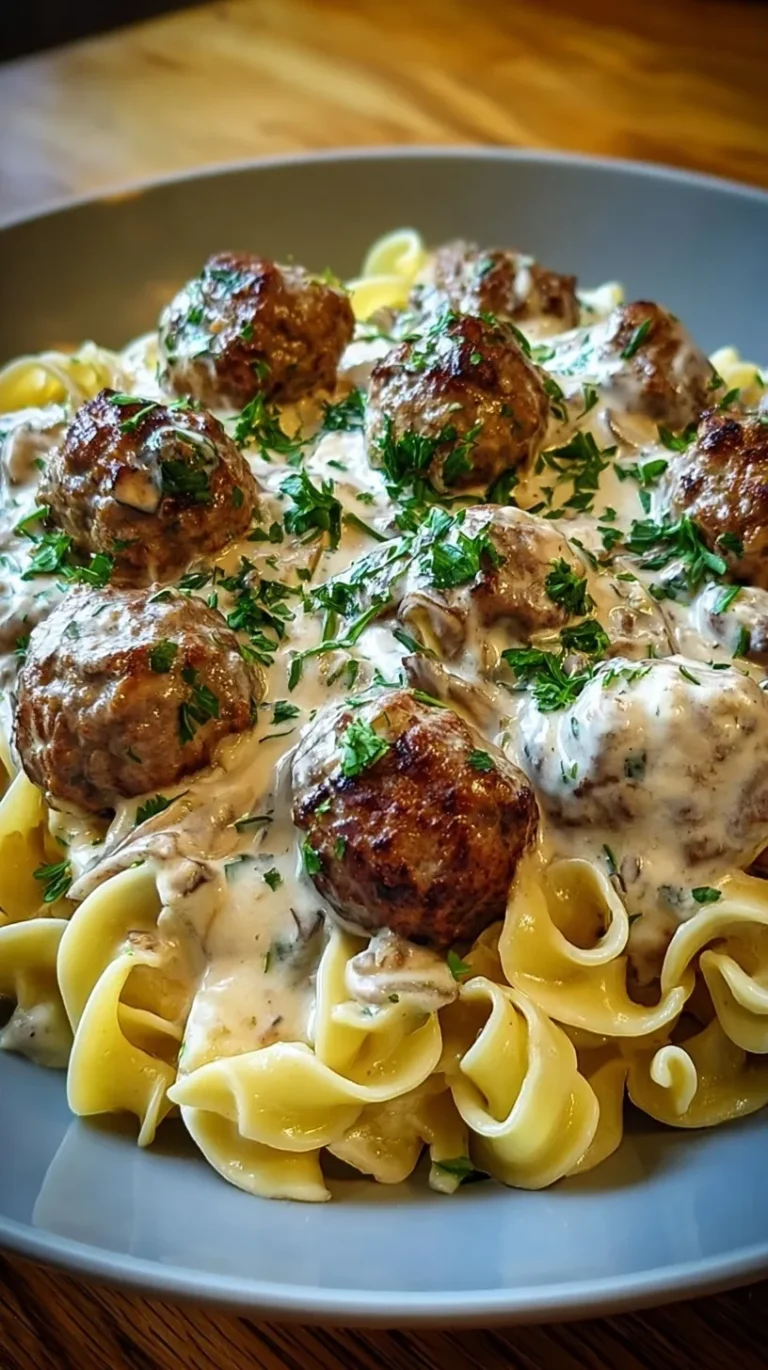 A skillet of creamy Meatball Stroganoff served over wide egg noodles with fresh parsley garnish.