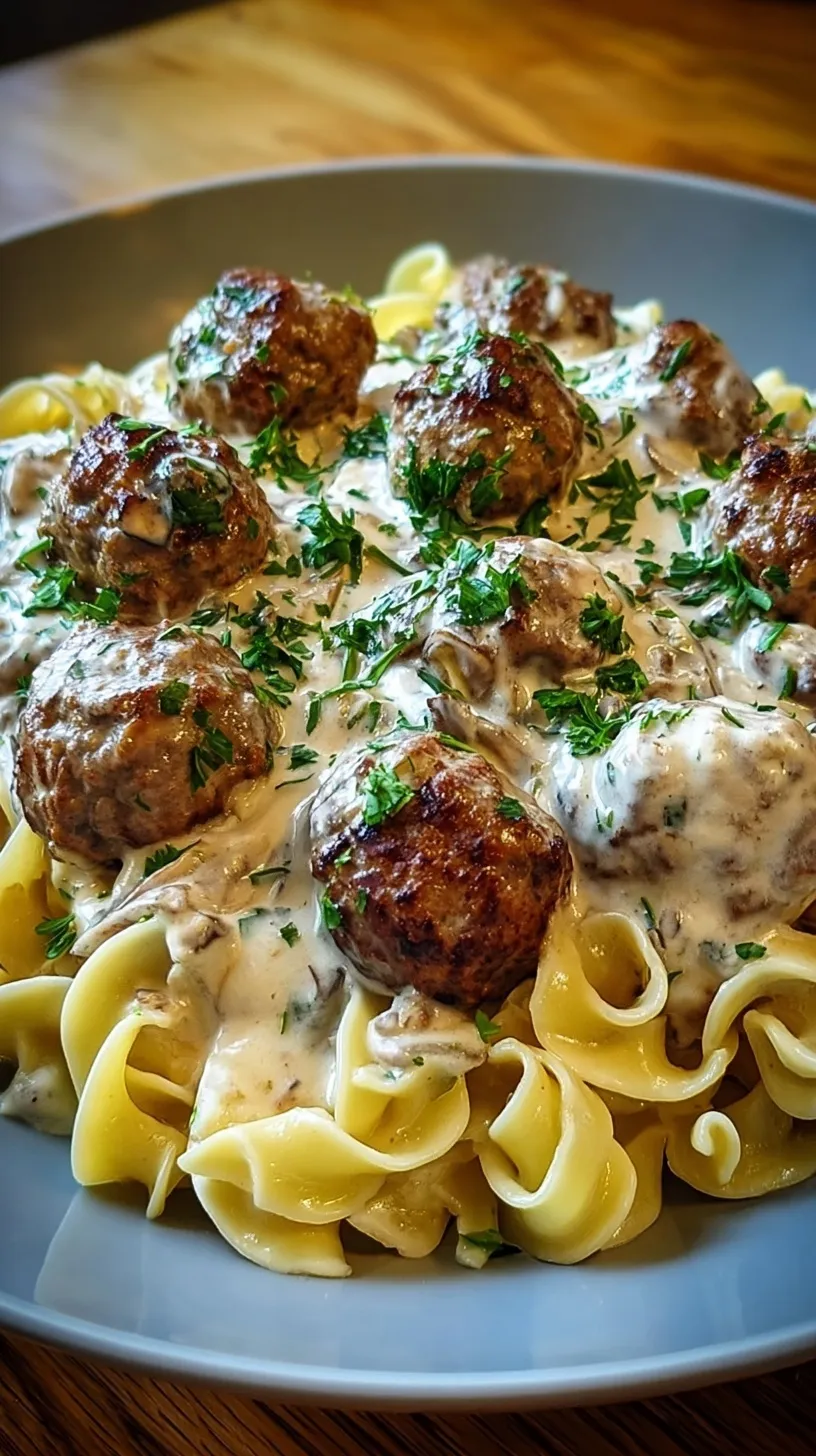 A skillet of creamy Meatball Stroganoff served over wide egg noodles with fresh parsley garnish.