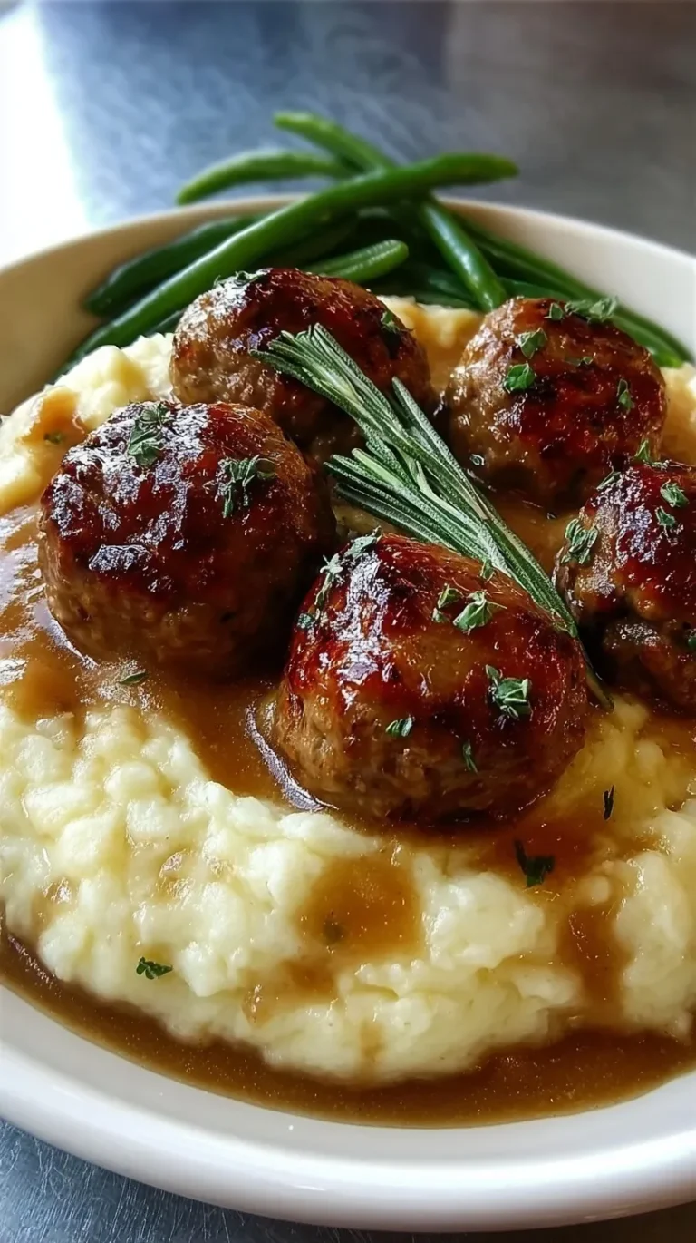 Beef meatballs smothered in rich brown gravy served over a bed of creamy mashed potatoes