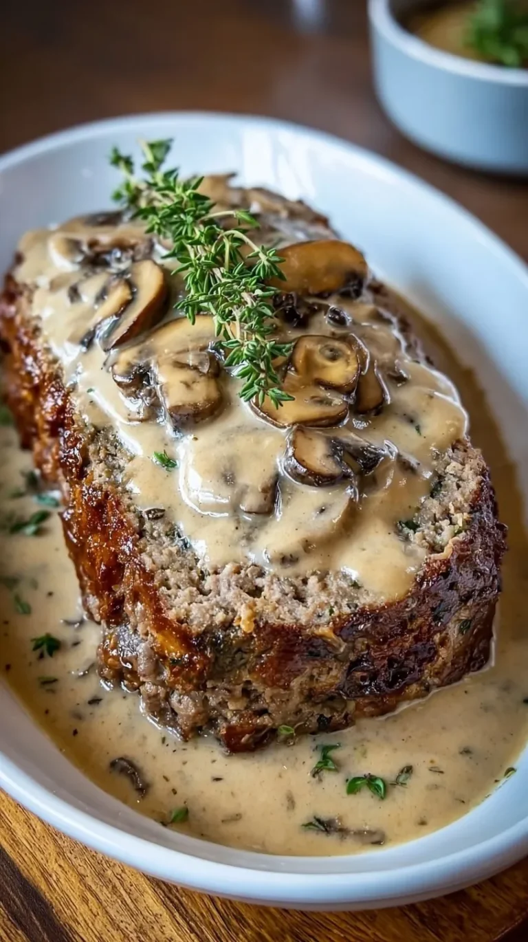 Sliced beef meatloaf topped with a rich brown mushroom gravy on a white plate.