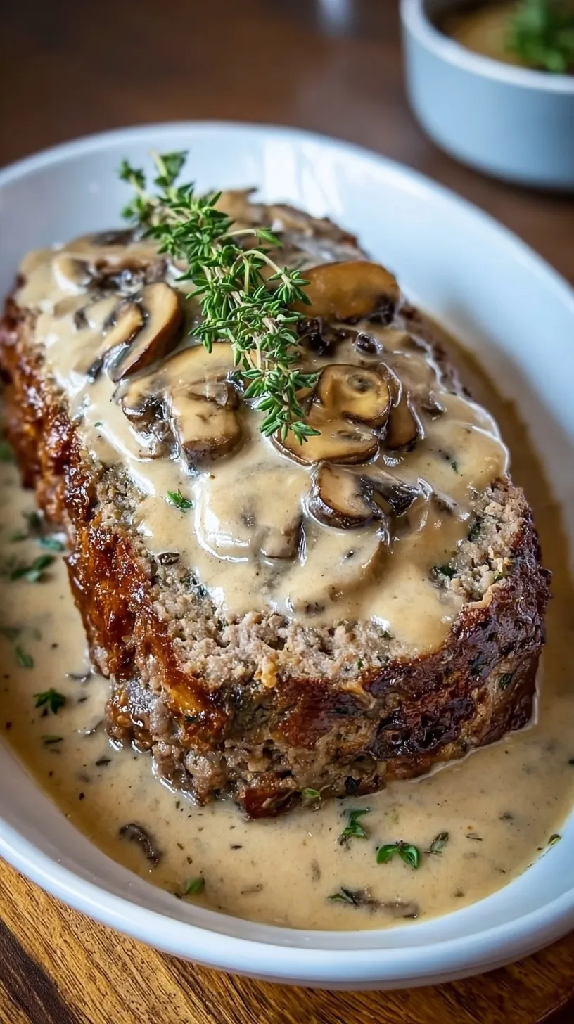 Sliced beef meatloaf topped with a rich brown mushroom gravy on a white plate.