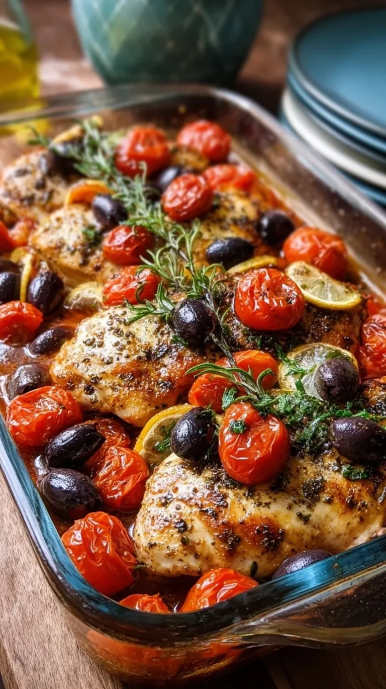 Golden roasted chicken thighs with burst cherry tomatoes and Kalamata olives in a baking dish