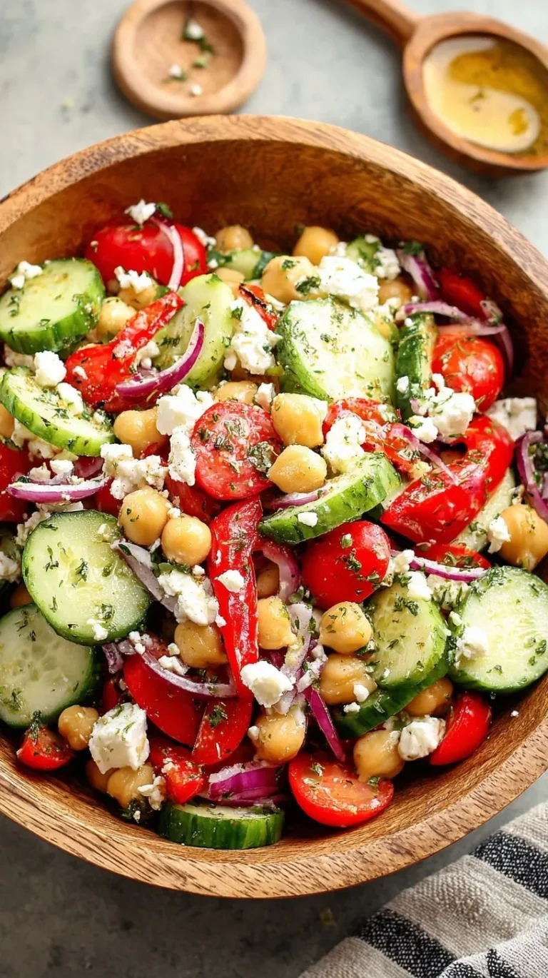 A bright bowl of Mediterranean Cucumber Chickpea Salad with feta and olives