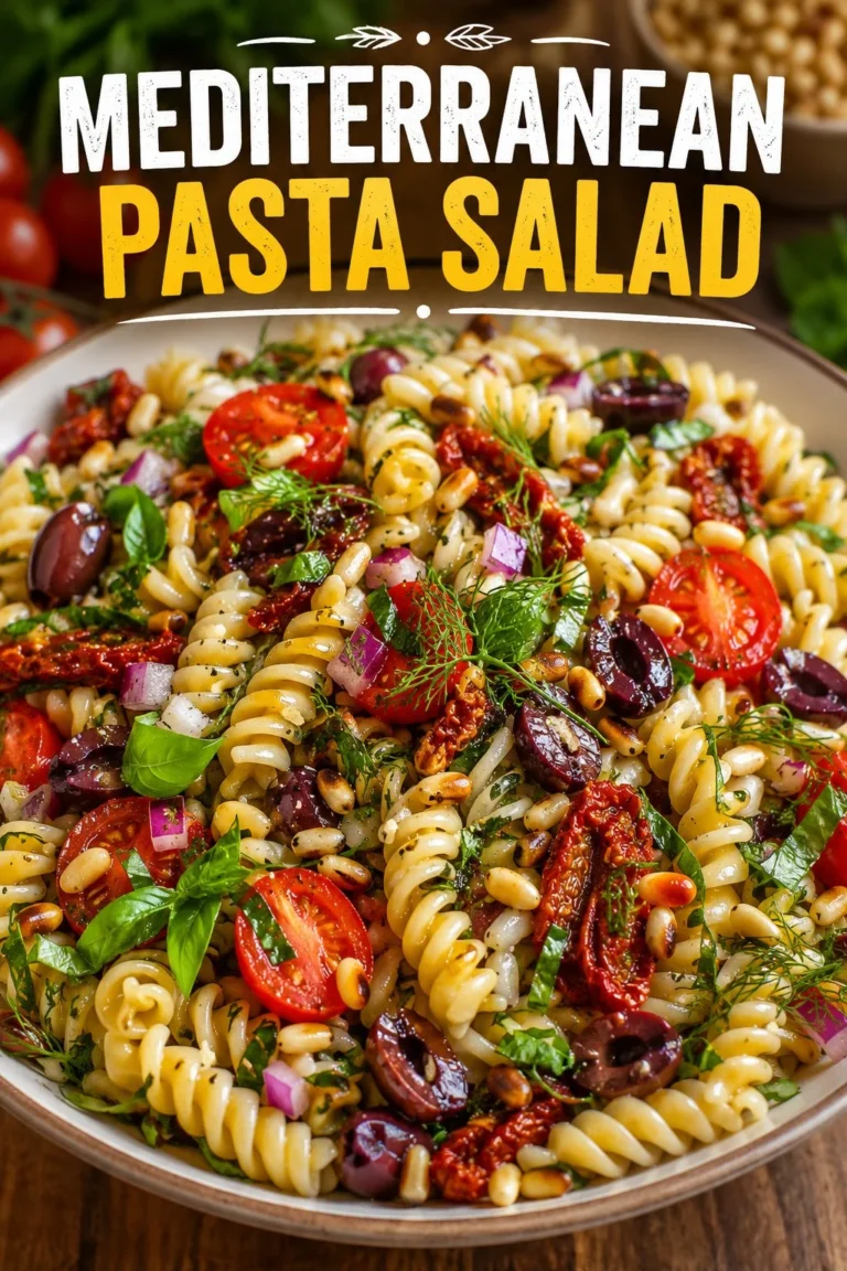 Bowl of Mediterranean Pasta Salad with Toasted Pine Nuts and colorful vegetables