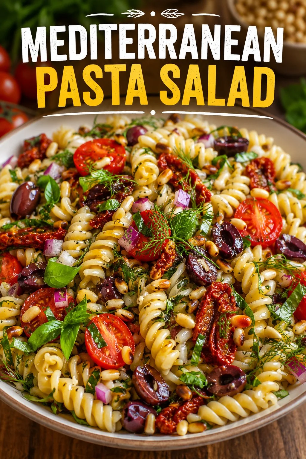 Bowl of Mediterranean Pasta Salad with Toasted Pine Nuts and colorful vegetables