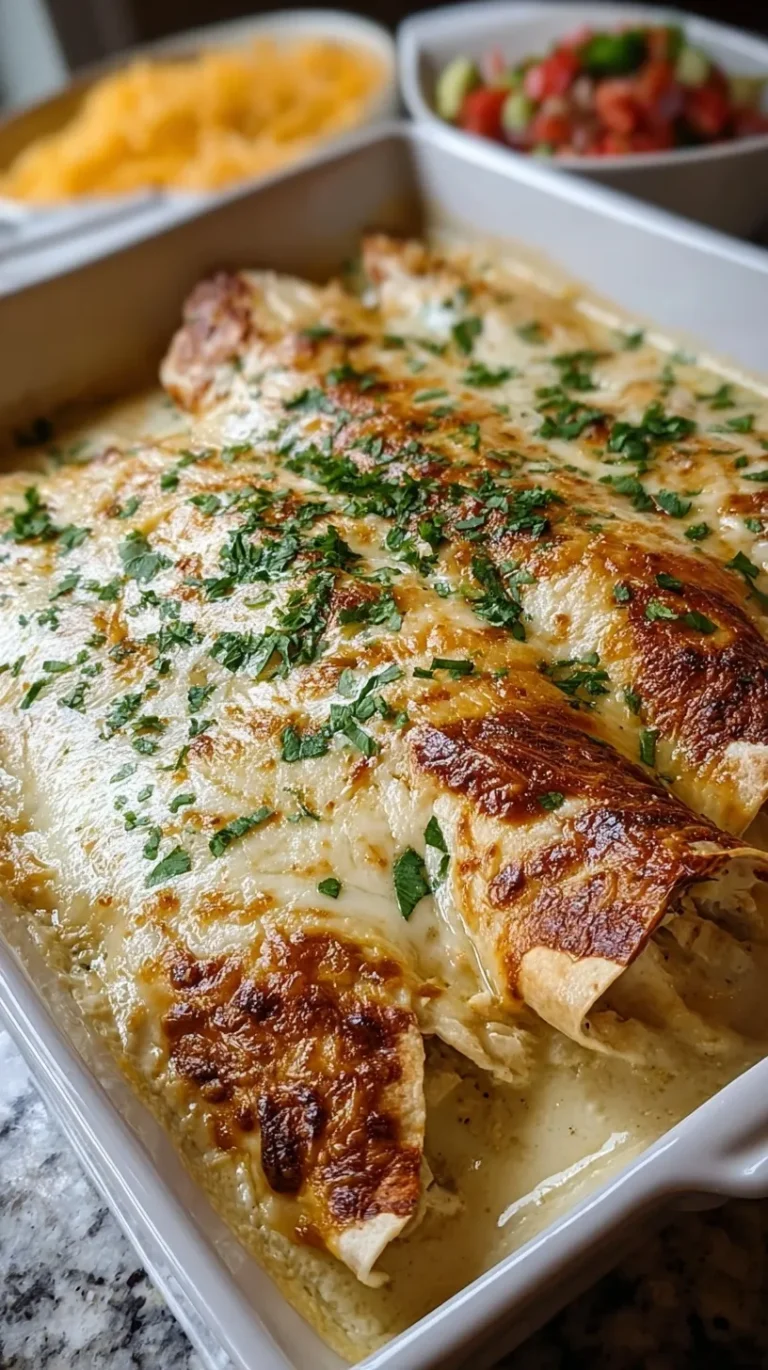 A baking dish filled with creamy white chicken enchiladas topped with melted cheese and green chiles.