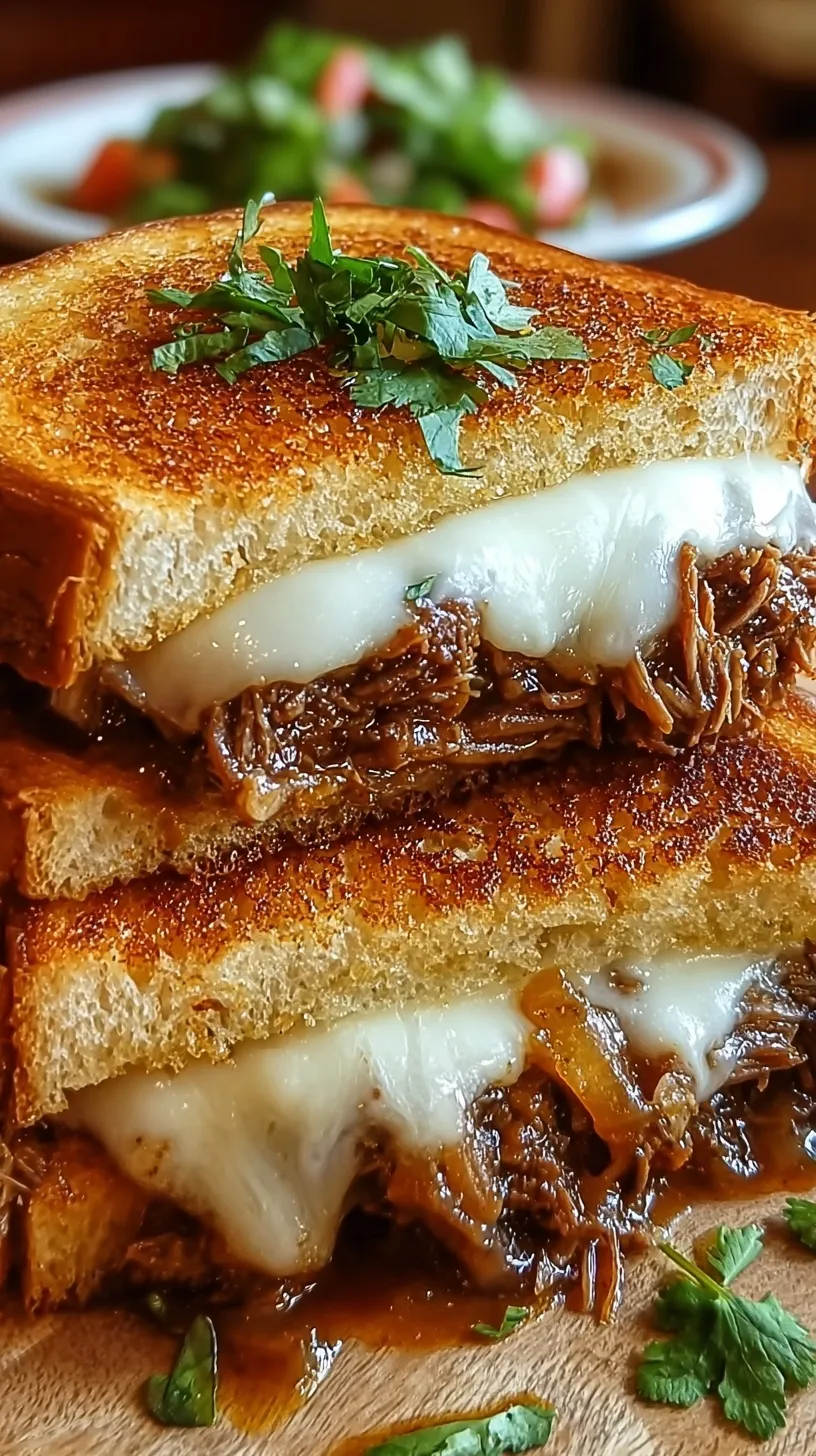 A toasted Mexican Beef Melt sandwich with melted cheese and avocado on sourdough bread
