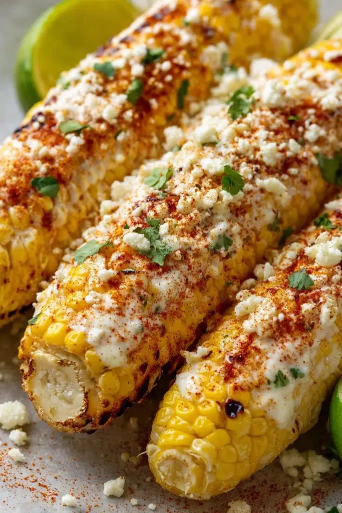 Delicious Mexican Street Corn topped with cheese and spices on a cob