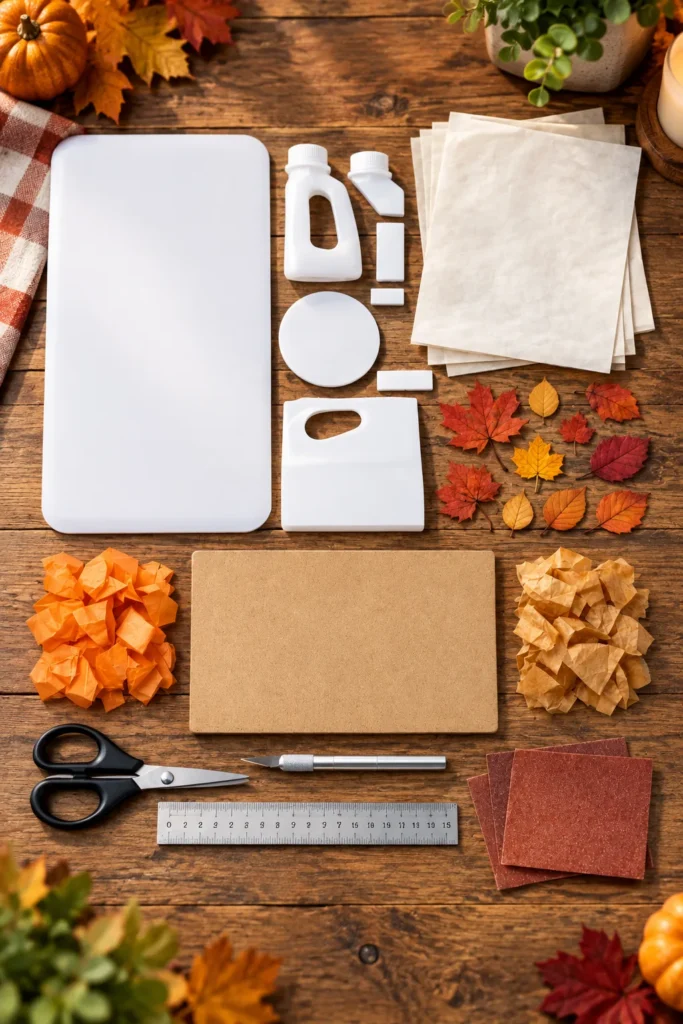 Materials for a milk jug fall craft and autumn harvest board