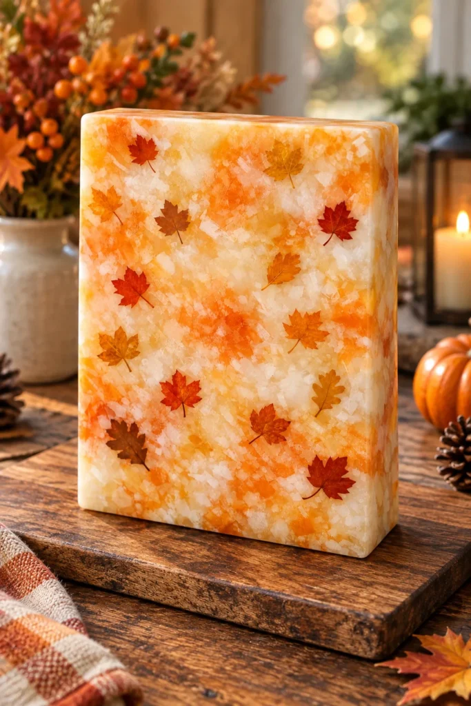 Finished milk jug fall craft with orange tissue paper and dried leaves