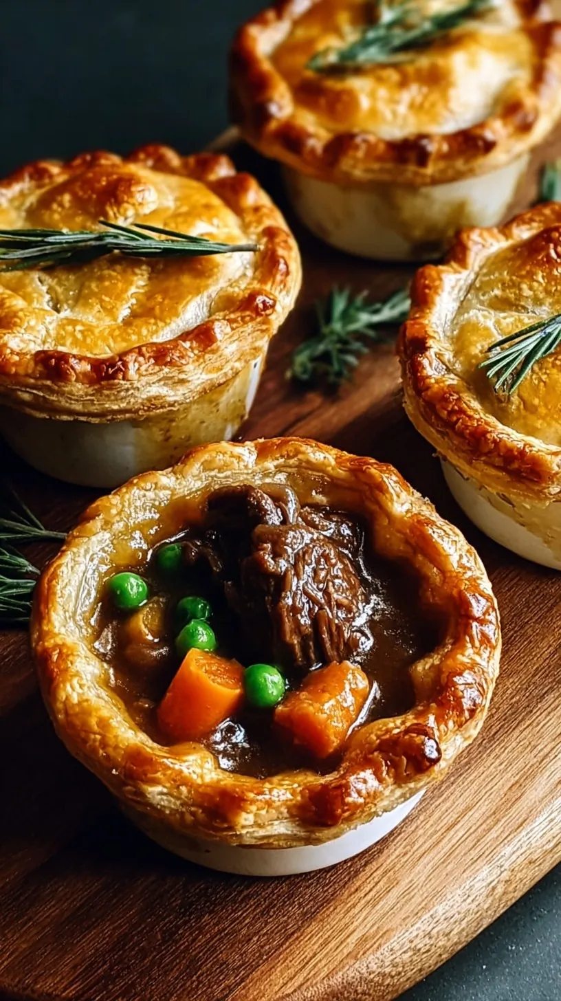 Six mini beef pot pies in white ramekins with golden brown flaky crusts