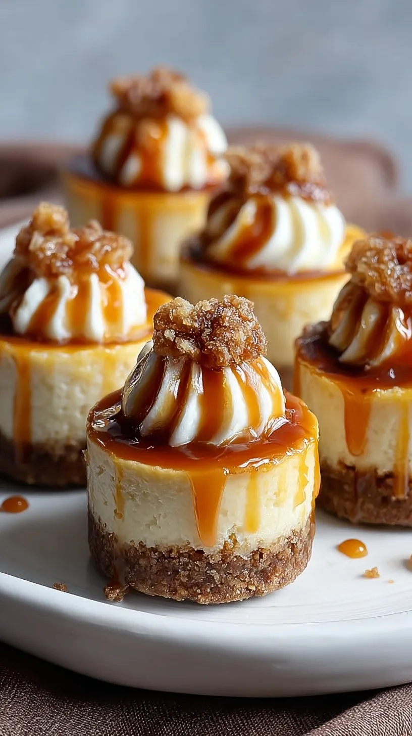 Mini caramel cheesecake bites topped with salted caramel sauce and sea salt on a platter