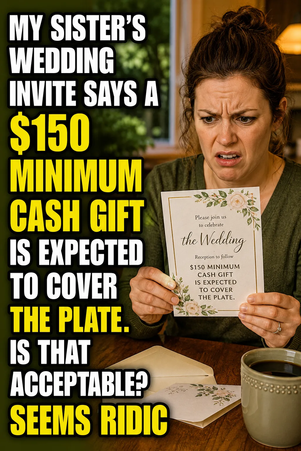 Wedding invitation with a cash gift envelope and RSVP card on a table