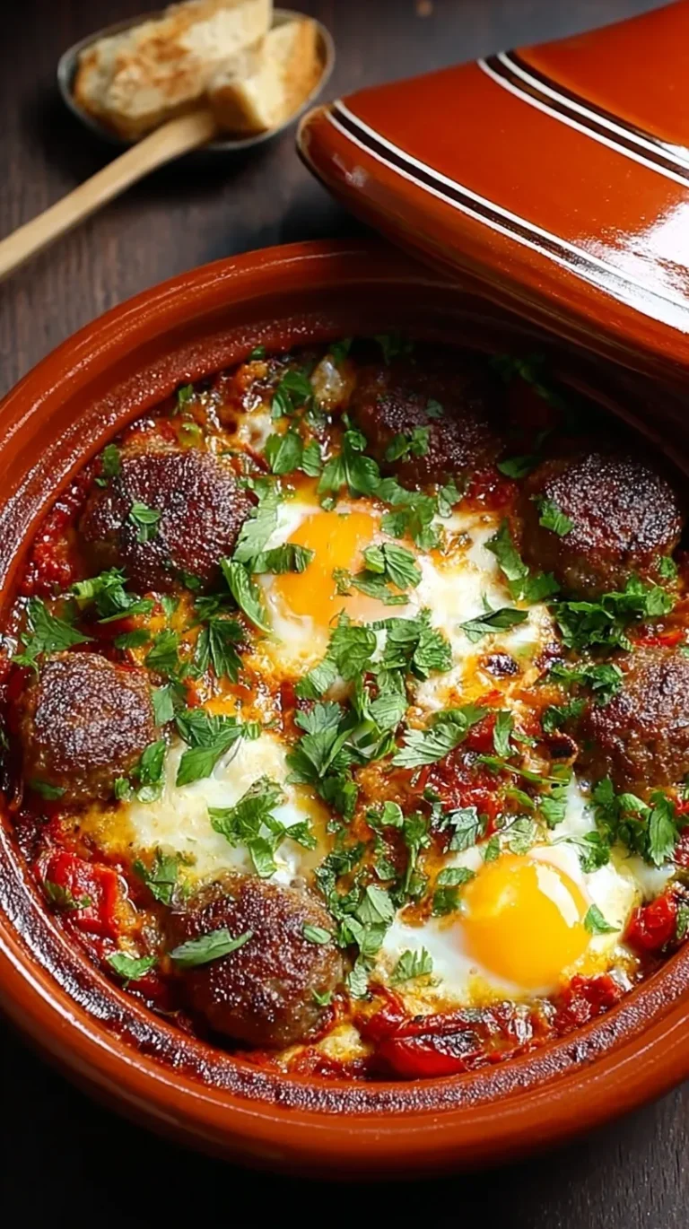 Moroccan Tagine Kefta with meatballs and poached eggs in a red tomato sauce