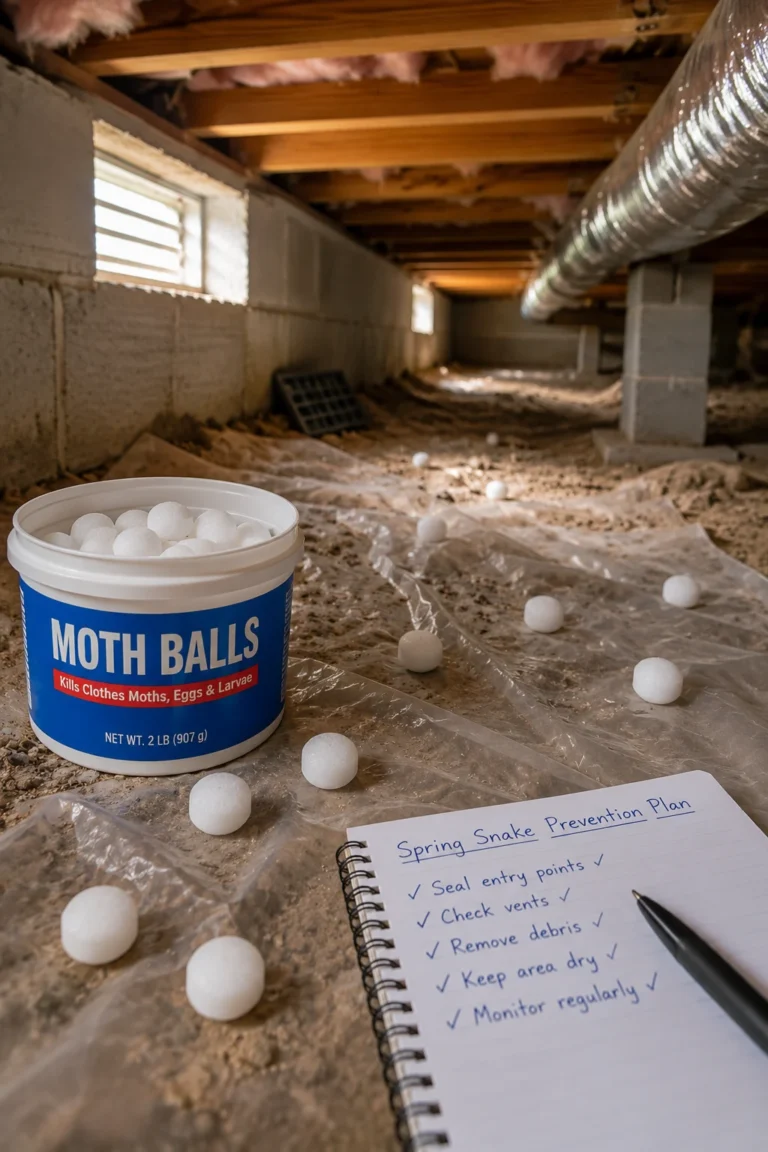 Mothballs placed near a crawl space entrance as a homemade snake repellent