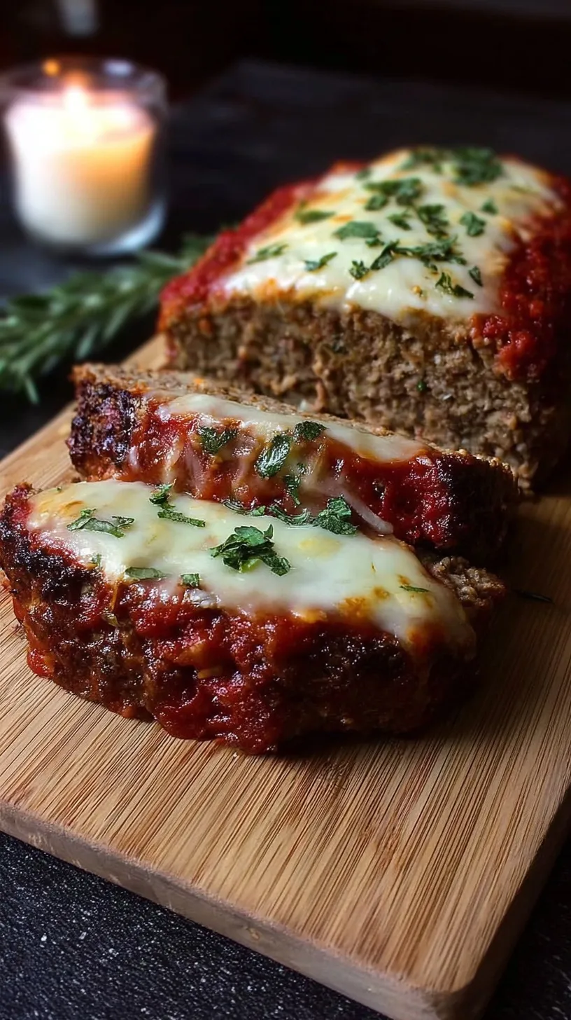 A sliced Mozzarella-Stuffed Italian Meatloaf showing a melted cheese center and marinara glaze.