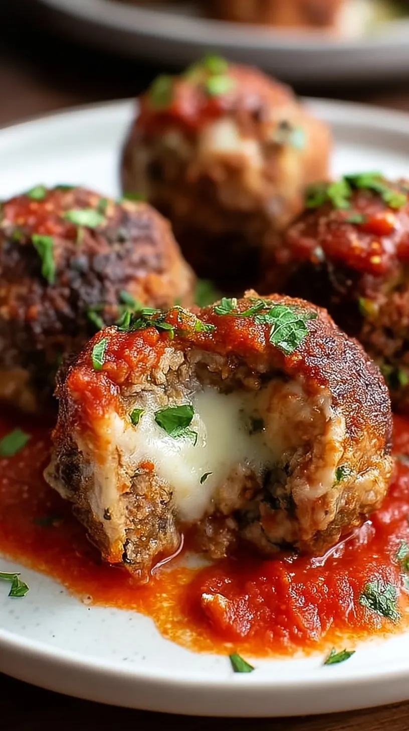 Golden brown Italian meatballs resting in red marinara sauce with a melted mozzarella cheese center visible