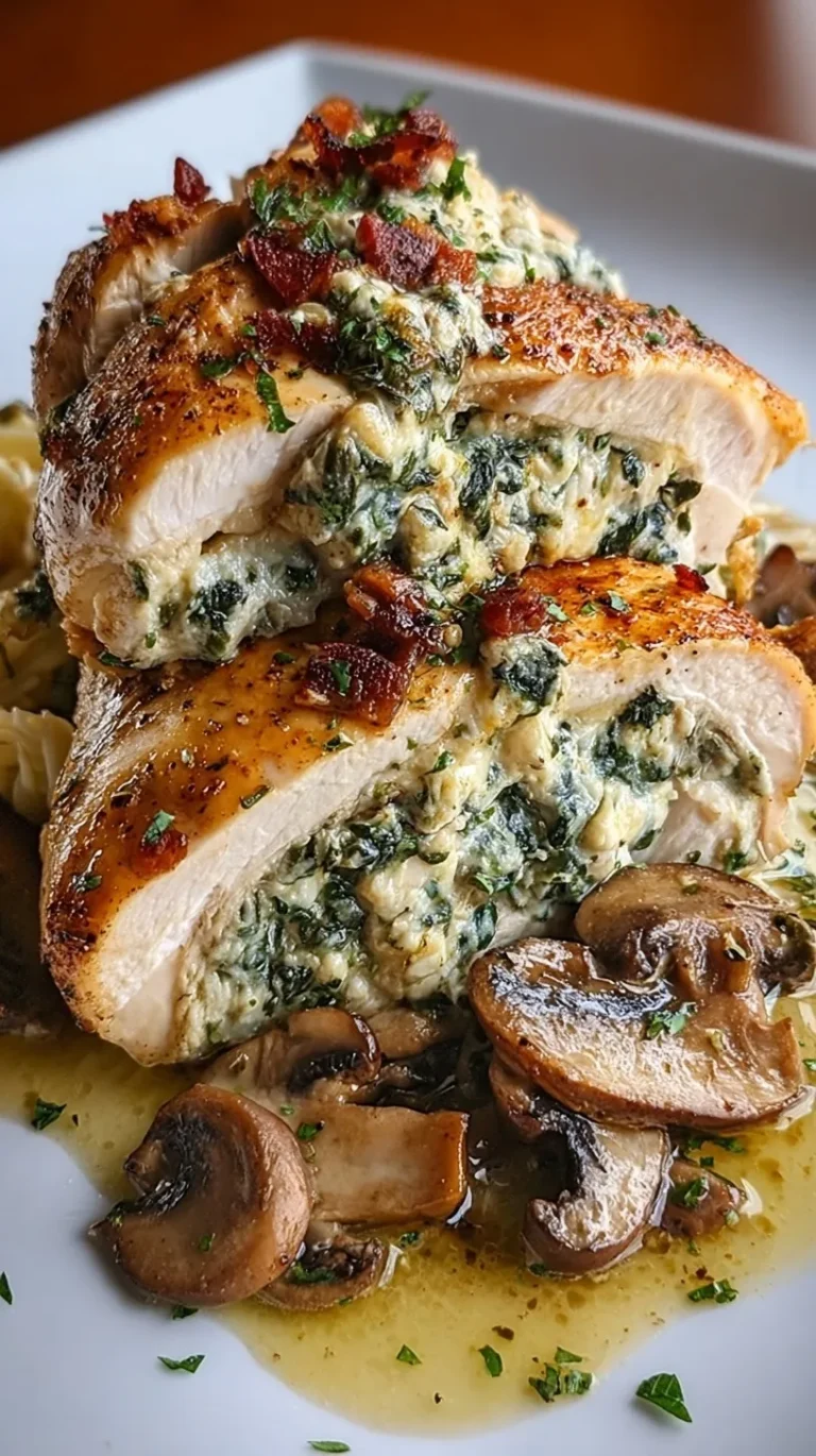 Golden brown pan-seared chicken breast stuffed with savory mushroom filling on a plate.