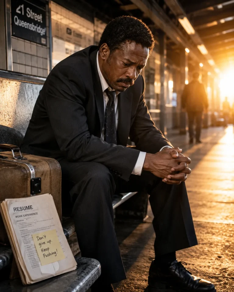 Tired businessman sitting alone on a subway station bench with a suitcase and résumé, symbolizing resilience after losing everything.