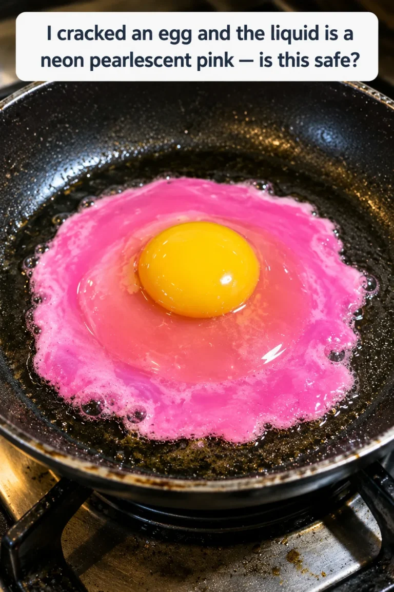 Cracked raw egg in a small white bowl showing an unusual pearlescent pink discoloration in the egg white