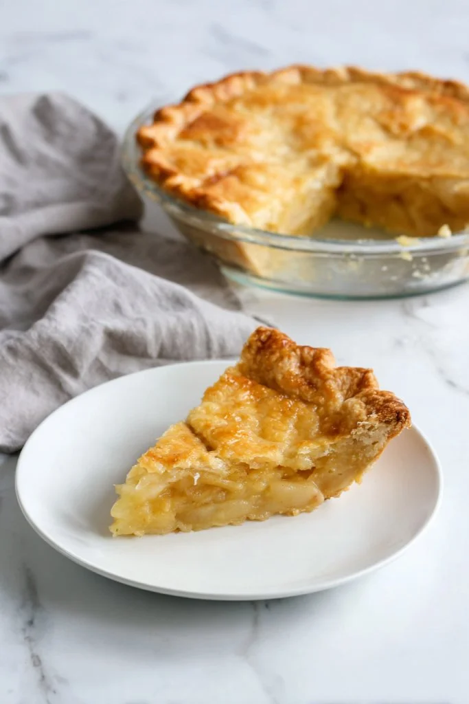 Slice of New England Marlborough Pie with a rich filling and flaky crust