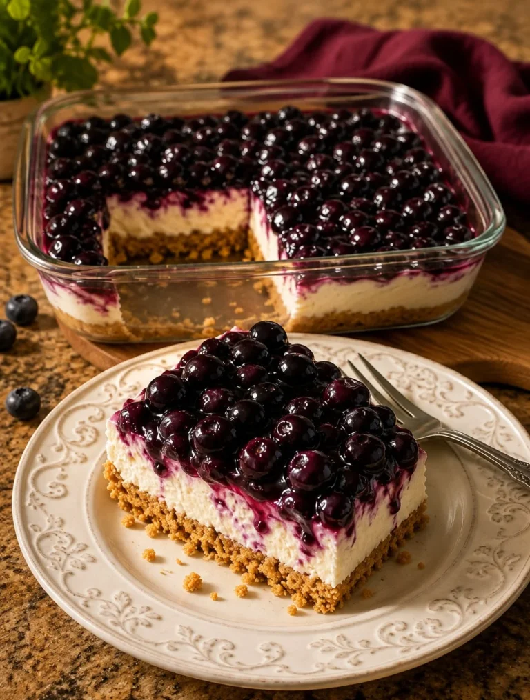 Delicious no-bake blueberry cheesecake topped with fresh blueberries