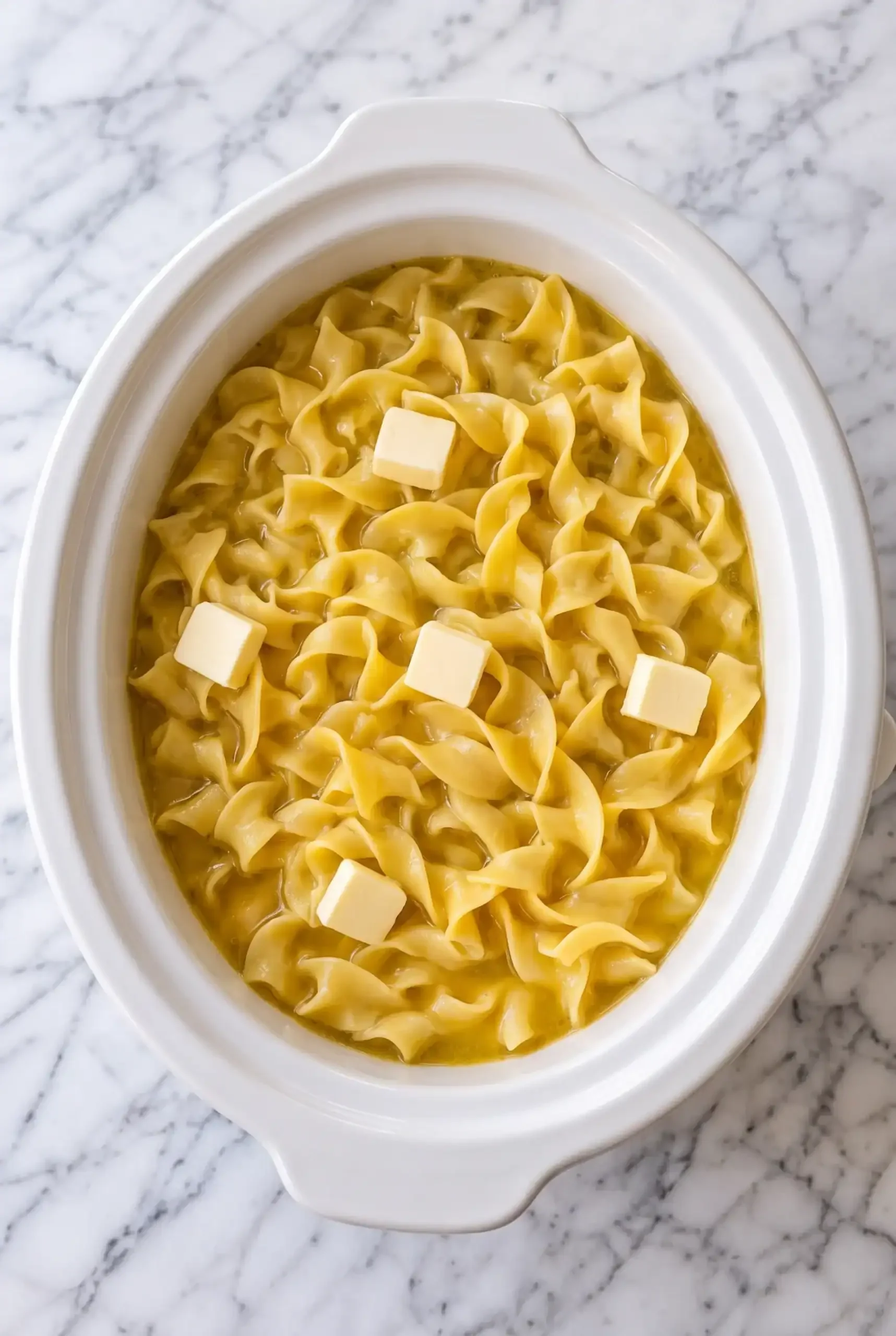 Egg noodles and butter in a white slow cooker