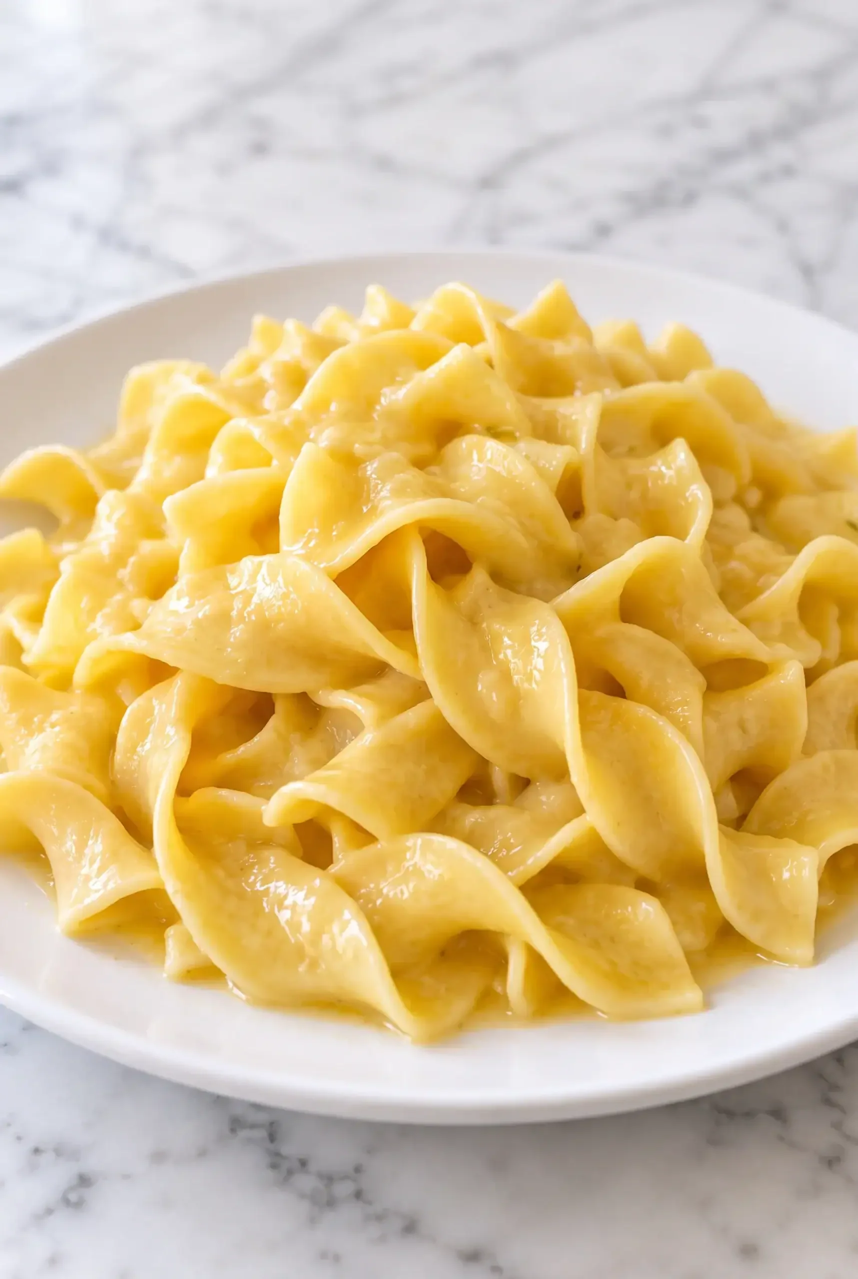 Close view of glossy buttered egg noodles on a plate