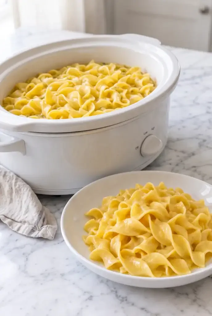 Slow cooker buttered egg noodles ready to serve