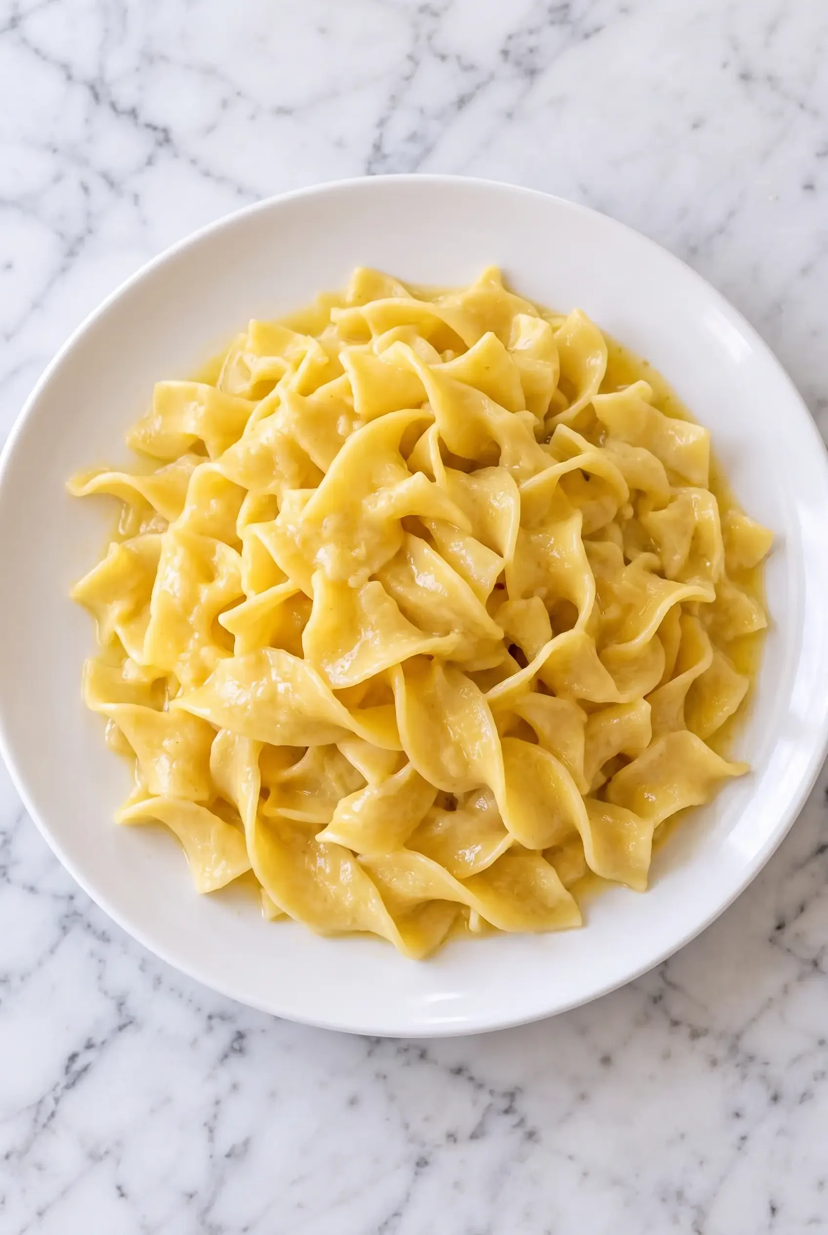 A simple plate of wide buttered egg noodles