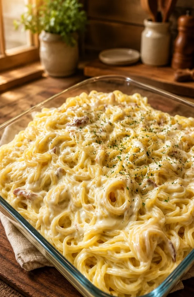 Creamy Noodles Romanoff served in a bowl with garnishes