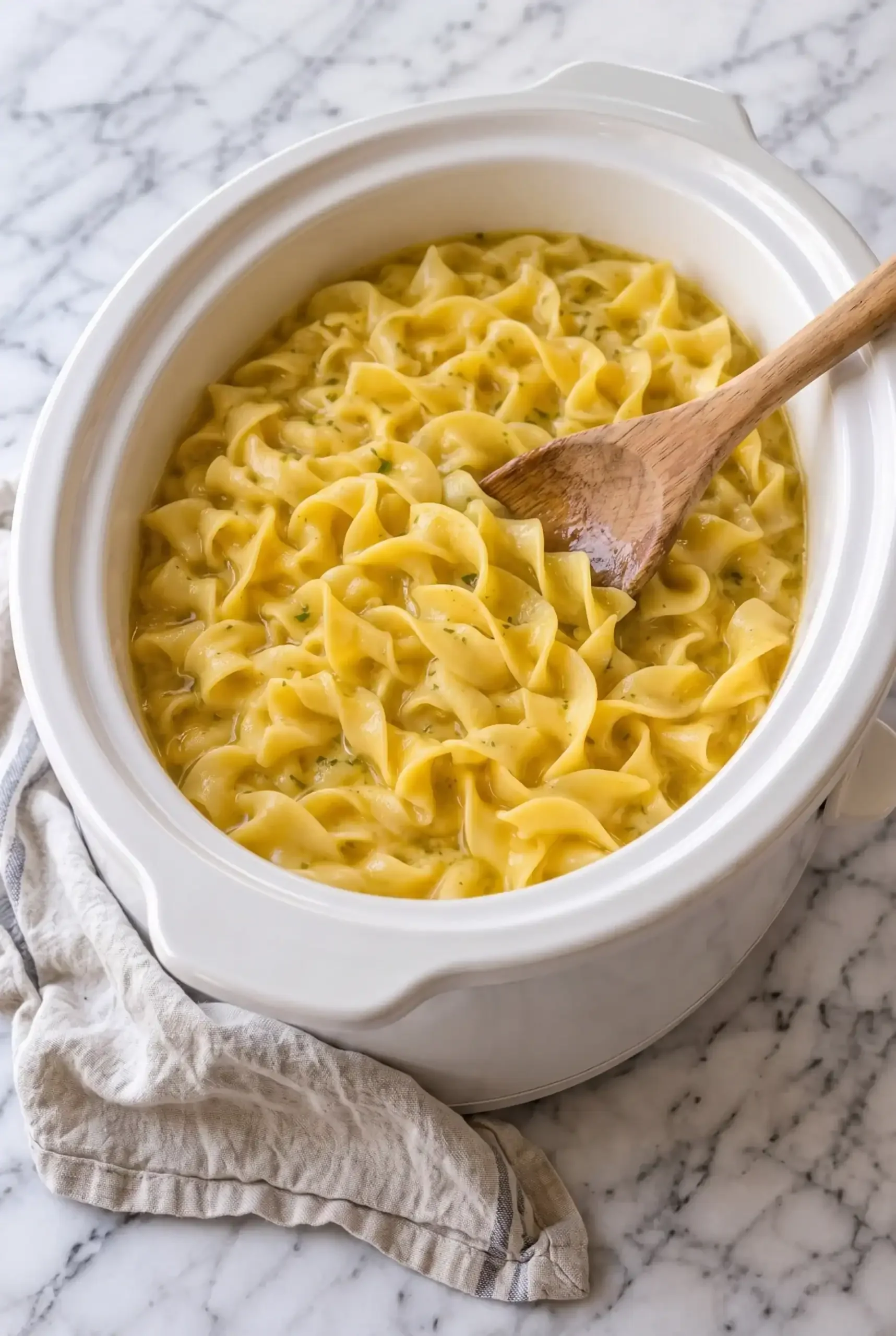Buttered egg noodles being stirred with a wooden spoon
