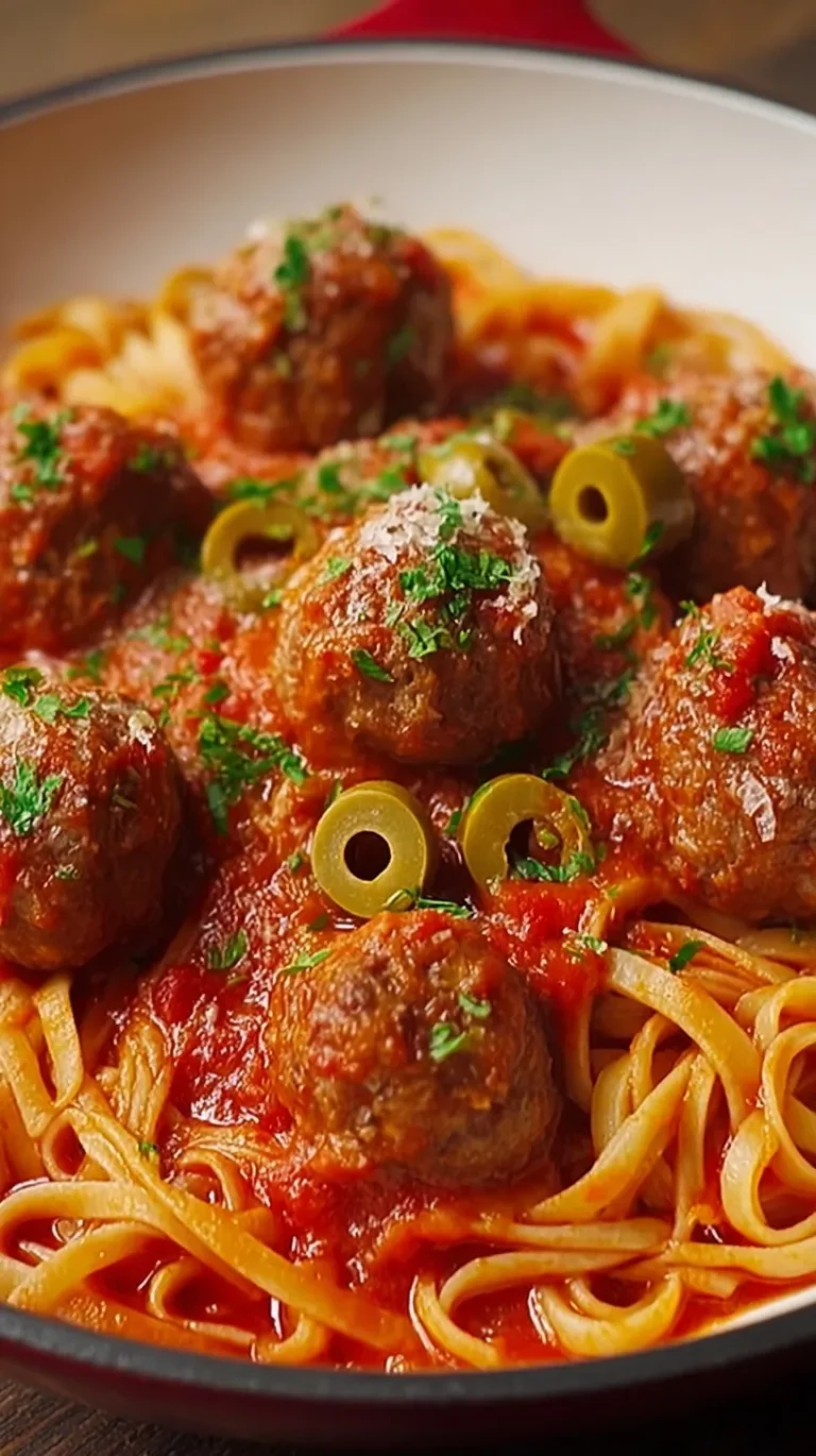 A bowl of long pasta noodles topped with beef meatballs and rich red tomato sauce garnished with basil.