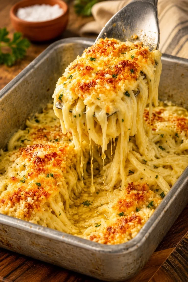 Delicious bowl of old fashioned chicken tetrazzini topped with fresh parsley