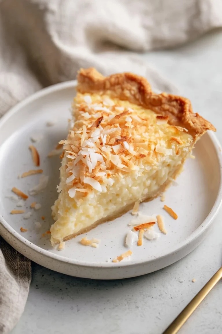 Old-fashioned coconut custard pie with a golden crust and creamy filling