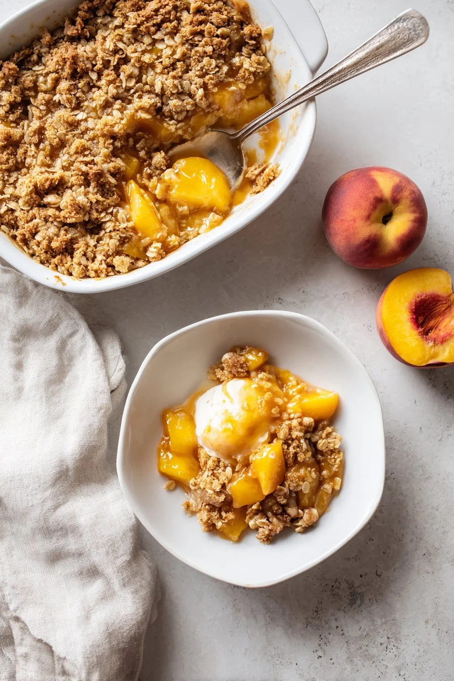 Delicious old-fashioned frozen peach crisp dessert served in a bowl